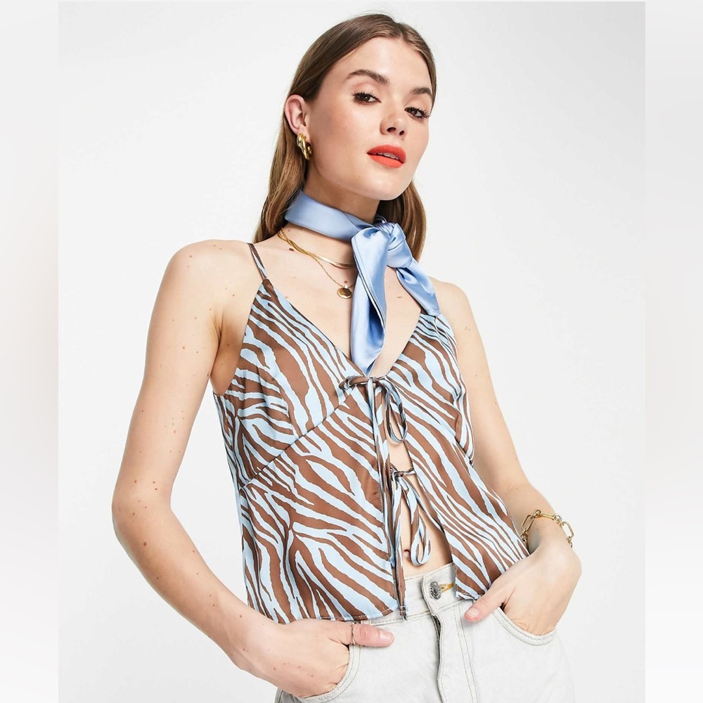 NWT- ASOS tie front cami in blue & brown zebra